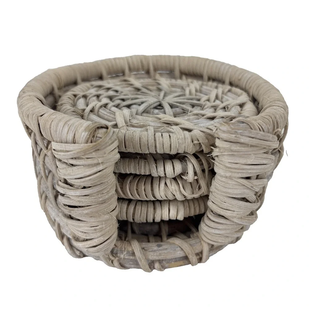 Vintage‎ Wicker Coasters Set of 4 Holder Rattan Cottagecore Home Decor Cottage